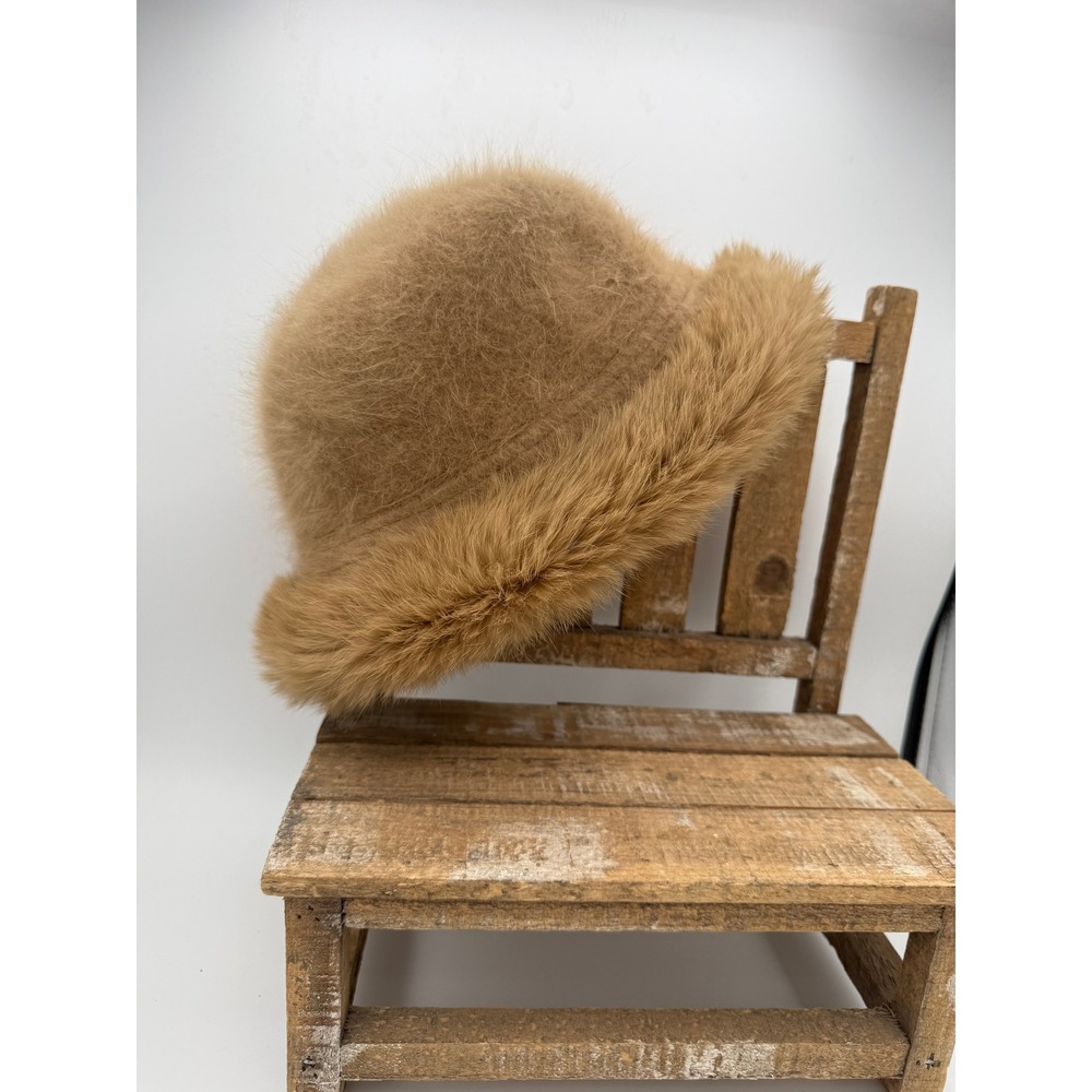 David & Young Tan Angora Blend Fuzzy Bucket Hat Faux Fur Trim LZ22106 Vintage